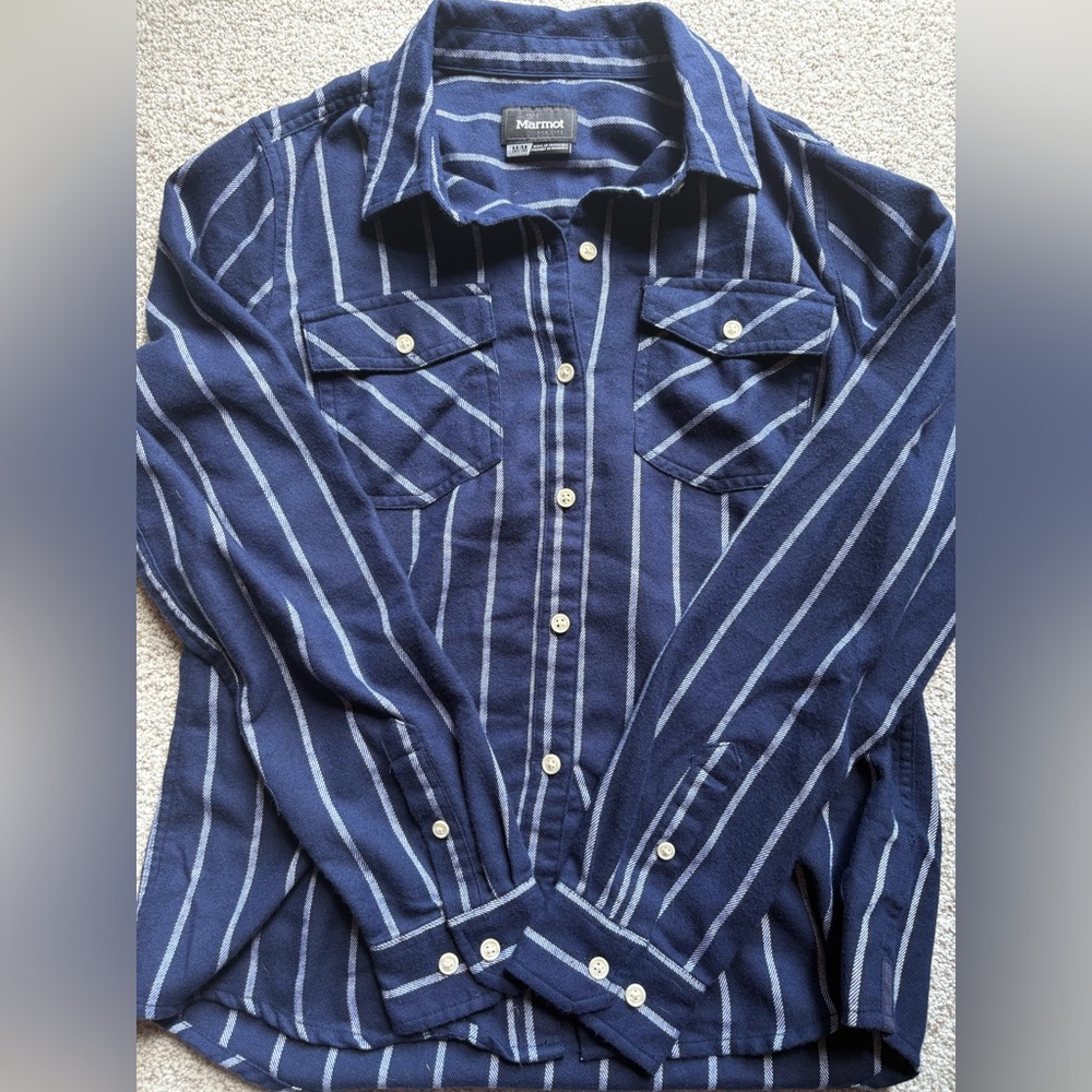 Marmot Navy and White Striped Shirt Outdoor Hiking